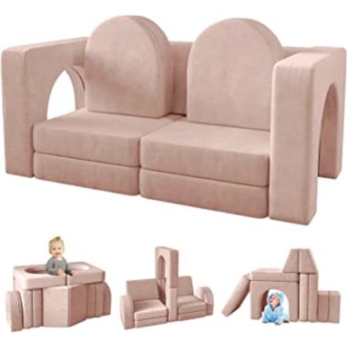 wanan Kids Couch 10PCS, Modular Kids Play Couch for Playroom Bedroom, 10 in 1 Multifunctional Kids Sofa for Playing, Creativing, Sleeping, Indoor Toddler Couch for Boys and Girls(Pink)