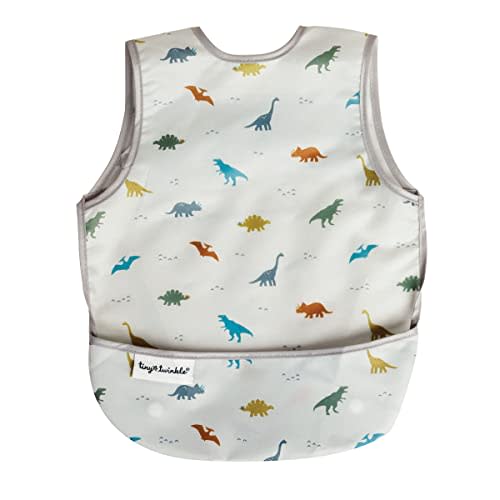 Tiny Twinkle Mess Proof Baby Bib - Waterproof Baby Apron - Machine Washable - PVC, BPA, & Phthalate Free - Great Travel Bib for Baby Eating - Baby Food Bibs (Dinosaur, Small 6-24 Months)