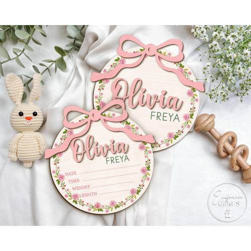 Bow Birth Announcement Sign, Bow Birth Stats Sign, Baby Announcement Gift, Newborn Stats, Floral Baby Name Sign, Pink Bow Coquette Baby Sign