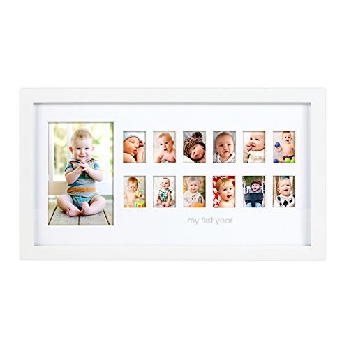 Pearhead My First Year Photo Moments Baby Keepsake Picture Frame, Mother’s Day Accessory, Gender-Neutral Baby Milestone Nursery Wall Décor, 13 Photo Inserts, White