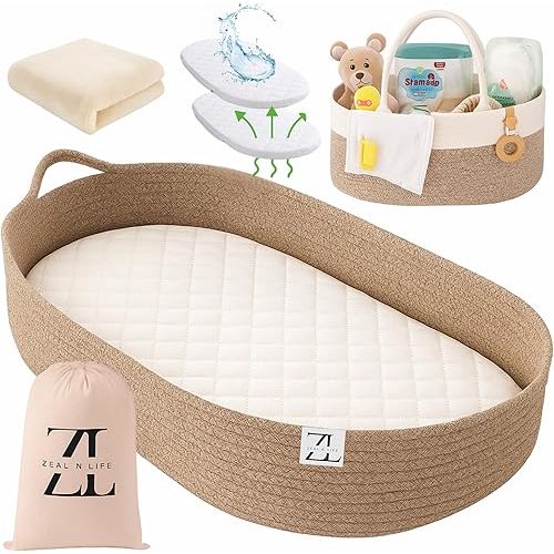 ZEAL'N LIFE Baby Changing Basket for Baby Dresser with Caddy Basket, Baby Blanket & Waterproof Changing Pad, Moses Basket for Babies, Diaper Changing Basket, Mose Basket