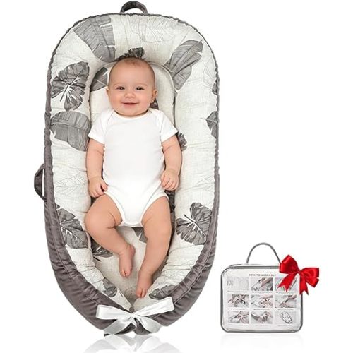 Baby Lounger | Organic Cotton Infant Lounger | Reversible, Adjustable & Portable Floor Lounger | Soft, Breathable, Washable Cover-Grey Leaves