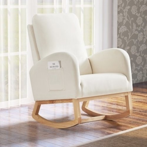 Accent Rocking Chair, Upholstered Nursery Glider Rocker for Baby and Kids, Comfy Armchair with Side Pocket - Style A - Beige