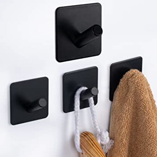 Martronic 4PCS Black Adhesive Towel Hooks, Bathroom Shower Hooks for Inside Shower, Adhesive Wall Hooks for Hanging Towels, Key Rings& Hat