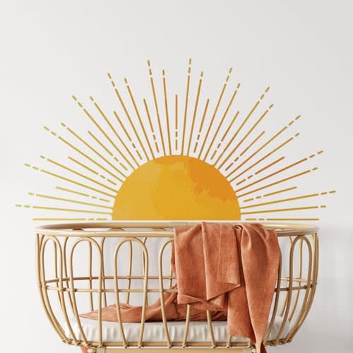 43.3 x 22.2 Inch Large Boho Half Sun Wall Decals Removable Sunshine Wall Sticker Vinyl Peel and Stick Half Sun Decals Wall Art for Girls Kids Bedroom Nursery Playroom Decor
