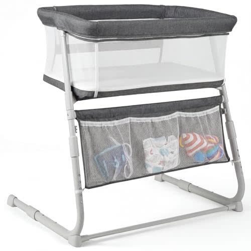 Cowiewie Bassinet Bedside Sleeper,Baby Bassinet Slides Over Bed,5-Height Adjustment & Breathable All-Mesh Wall Bedside Bassinet for Baby,Space-Saving Bedside Crib, Height(37.4-41.3"), Dark Grey