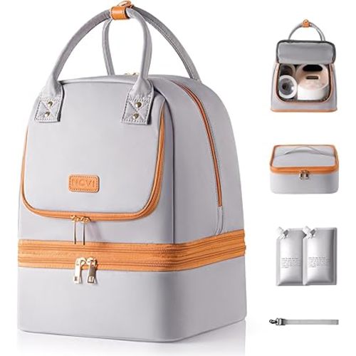 NCVI Breast Pump Bag with Ice Pack – Double Layer Removable Pump Bag for Medela & Spectra S1/S2, Insulated Breast Milk Cooler Bag for Working Moms, Travel, Office, Grey