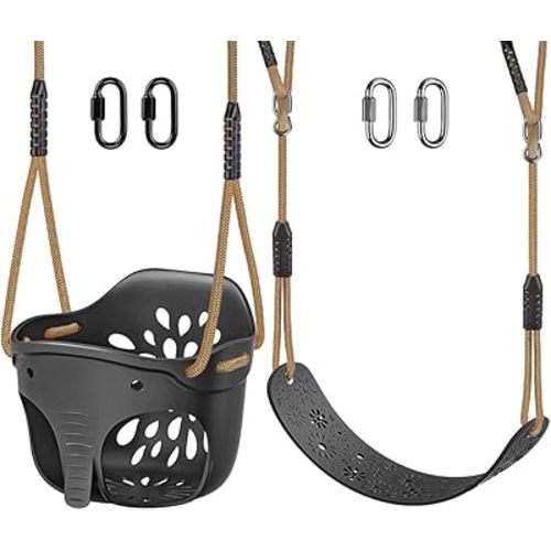 SELEWARE Toddler Swing Set Accessories High Back Full Bucket Swing Seats w/Adjustable Rope and 4 Locking Carabiners, Cute Elephant Shape Design 600LB Capacity (2 Pack)