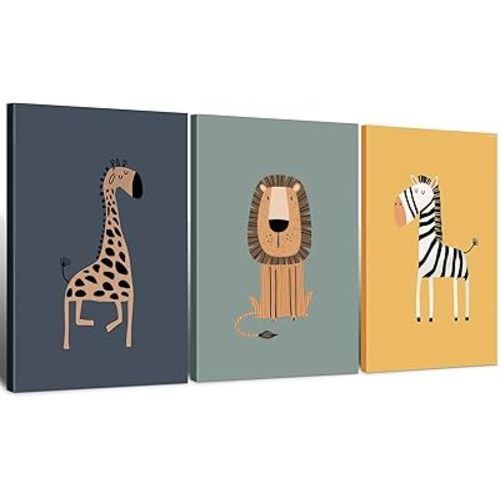 Kids Room 3Pcs Framed Giraffe Lion Zebra Wildlife Jungle Artwork Wall Art Decor Canvas Print Wall Painting Poster Cute Cartoon Gallery Baby Bedroom Playroom Nursery Decor 12x16 Inch Ready to Hang