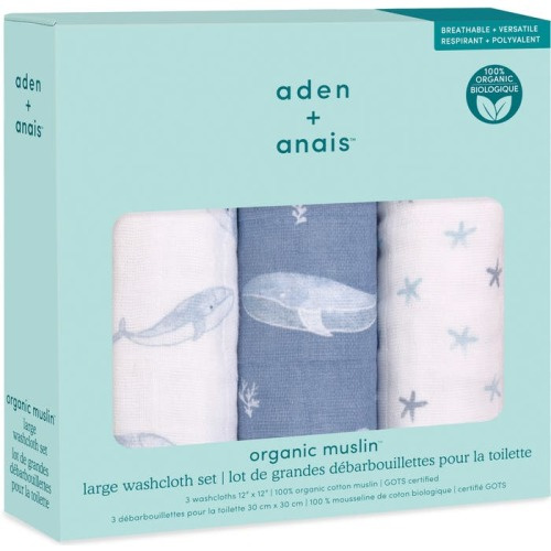 aden + anais 3-Pack Assorted Organic Cotton Muslin Washcloths, Oceanic Blue