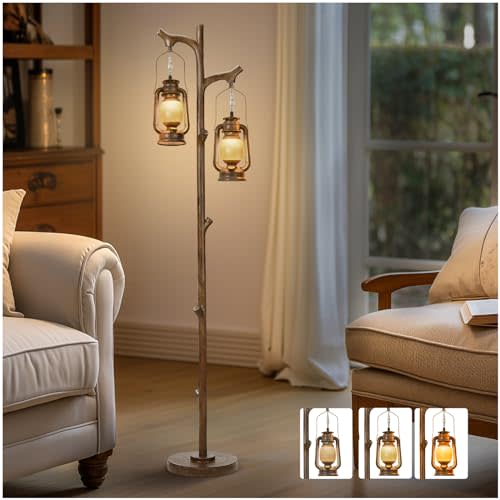 68" Rustic Farmhouse Tree Trunk Floor Lamp Country Brown Finish Wood Vintage Standing Tall Lamp with Lantern Stepless Dimmable Industrial Floor Lamp Decor for Bedroom Living Room Office Hotel