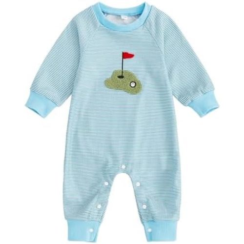 Infant Baby Boy Golf Outfit Crew Neck Embroidery Golf Cart Romper Jumpsuit Patchwork Long Sleeve One Piece Playsuit