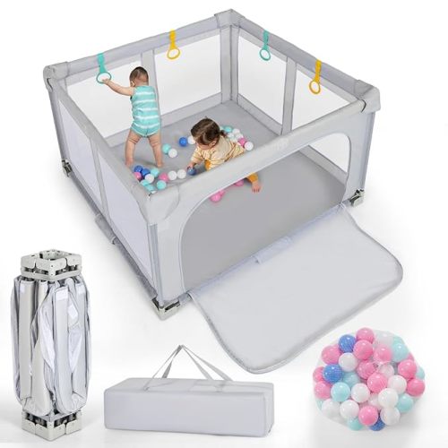 Costzon Foldable Playpen for Babies, 50''x50'' Portable Baby Play Pen with 50 PCS Ocean Balls, 4 Handles, Carry Bag, Visible Mesh, Kids Activity Center with Gates, Indoor & Outdoor Gate Play Pen