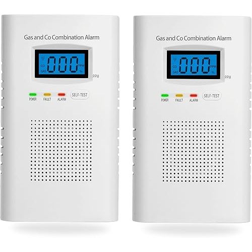 2 Pack Combination Gas & Carbon Monoxide Detectors - Plug in CO Alarm & Natural Gas Detector with Digital Display, CO Detector & Combustible Gas Detector for Home, Easy to Read