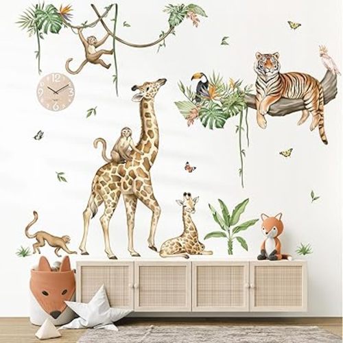 wondever Large Jungle Animal Tree Branch Wall Stickers Safari Giraffe Tiger Monkey Peel and Stick Wall Art Decals for Baby Nursery Kids Bedroom Playroom