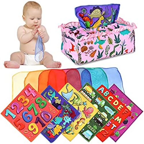 Bynleau Baby Tissue Box Toy, Baby Sensory Toys Musical Toys Montessori Toys Crinkle Toys Colorful Soft Scarf Box for 3 6 9 12 Months Toddlers Infants Newborns Gift