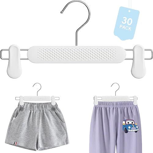 Baby Kids Pants Hangers with Clips 30 Pack, Frosted Embossing Adjustable Heavy Duty Skirt Hangers for Women Toddler, Children, Space Saving Non-Slip with 360° Swivel Hook (White)