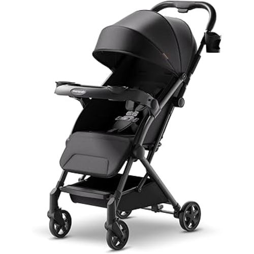 Mompush Lithe V2 Lightweight Stroller + Snack Tray, Ultra-Compact Fold & Airplane Ready Travel Stroller, Near Flat Recline Seat, Cup Holder, Raincover & Travelbag Included