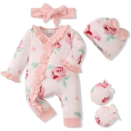 Renotemy Newborn Baby Girl Clothes Fall Winter Outfits Infant Rompers Solid Jumpsuits Bodysuit Cute Infant Baby Clothes Girl