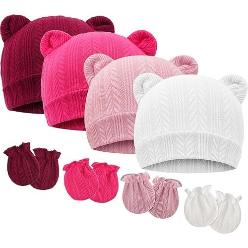 BQUBO Newborn Baby Hats Bear Ears and Mittens Sets Preemie Caps Baby Boy Girl Infant Hospital Beanie for 0-3 Months