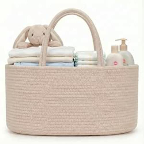Diaper Caddy Organizer, Extra Large Cotton Rope Nursery Baby Basket, Changing Table Organizer for Baby Diaper Storage, Portable Car Organizer Removable Divider (Oatmeal, Extra Large)
