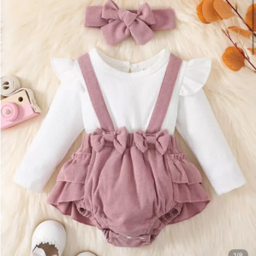 Baby Girl Colorblock Bow Front Ruffle Trim Bodysuit With Headband