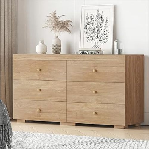 Dresser for Bedroom 6 Drawer Wood Dresser 58.3" Wide, Large Chest of Drawers for Bedroom, Living Room, Hallway, Entryway, Modern TV Stand Drawer Organizer, Light Oak