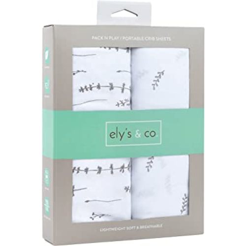 Ely's & Co Pack n Play Sheet Set 100% Jersey Cotton Playard, Forest Grey Floral and Leaves