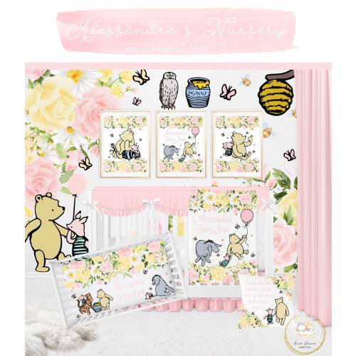 Classic Pooh Crib Bedding Set Girl, Floral Crib Bedding Set, Pooh Baby Shower Gift Girl, Classic Pooh Baby Blanket, Pink And Yellow Nursery