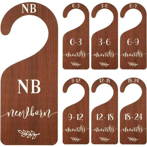 Whaline 7Pcs Wooden Baby Closet Size Dividers with Pink Velvet Bag Newborn to 24 Month Thicken Infant Wardrobe Organizers Home Nursery Hanger Decor for Baby Shower Party Gift Supplies