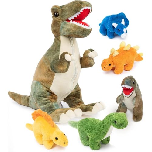 PREXTEX Dinosaur Stuffed Animal Set - Mommy T-Rex with 5 Plush Baby Dinosaurs Inside - Soft Dinosaurs Plush Toys for Kids 3 and Up - Portable Dinosaur Pillow Gift for Boys and Girls - Zipper Storage