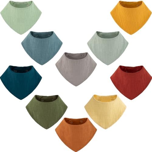 Muslin Baby Bibs Bandana Drool Bibs 100% Cotton Absorbent Soft Reversible 10-Pack Set for Feeding，Teething