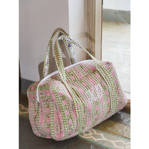 Embroidered Block Print Duffle Weekender, Handmade Quilted Travel Bag Monogram