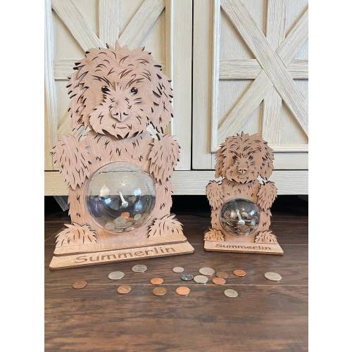 Goldendoodle Dog Piggy Bank | Wood Coin Bank with Clear Ball for Belly | Fun Animal Bank Table Top Decor | Kid Birthday or Baby Shower Gift