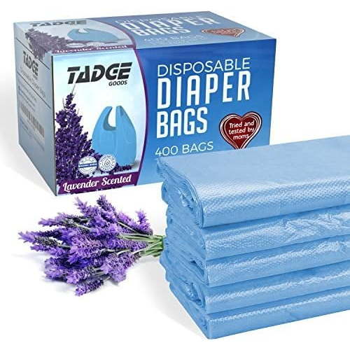 Baby Disposable Diaper Bags 400 Pack Scented with Lavender - Odor Absorber Biodegradable Plastic Diaper Sacks for Trash Bag Essential Items - Bags for Dirty Diapers - Refill 400 Count