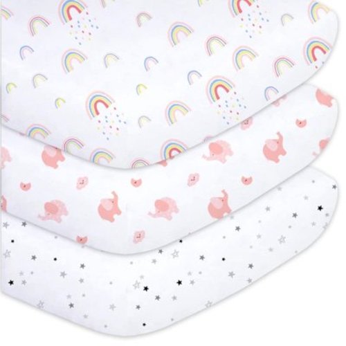 Little Grape Land Crib Sheets for Baby Girls 3 Pack, 28"x 52" Extra Soft Microfiber Crib Sheet Set for Standard Crib & Toddler Mattress Pad, Rainbow & Elephant & Stars