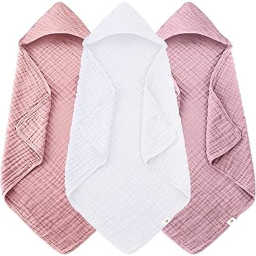 Sunny zzzZZ Muslin Hooded Baby Bath Towels - 3 Pack 100% Cotton Soft Low-Saturation Pastel Towels Including Classic White for Newborns, Infants, Toddlers - 32x32 Inch - Light Sakura and White