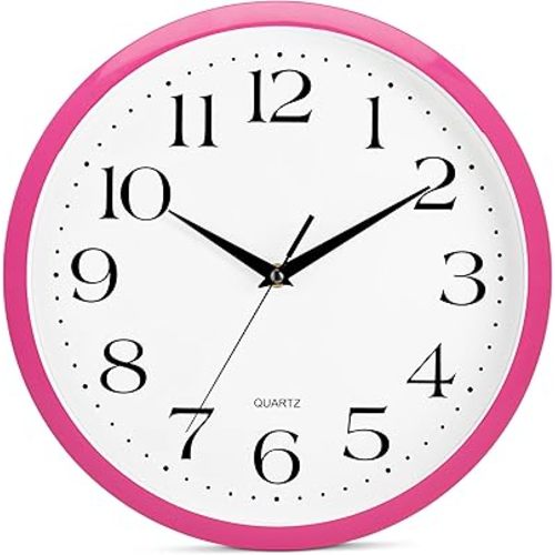 Bernhard Products Pink Wall Clock 12 inch Silent Non Ticking Battery Operated Quartz Easy to Read Round Classroom Home Decor for Kids Playroom Baby Room Nursery Fun