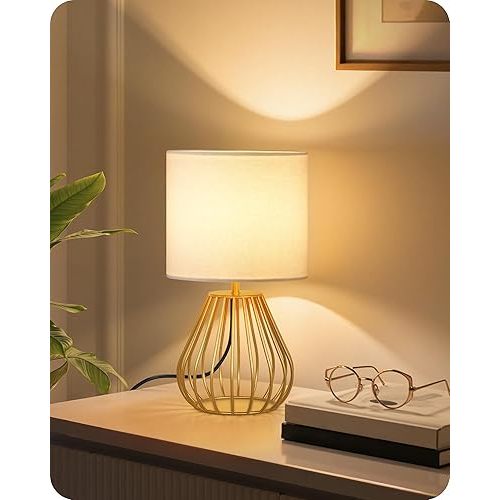 Bedside Table Lamp, Small Table Lamp with Teardrop Cage Linen Lampshade, Modern Nightstand Lamp, Small Cute Desk Lamp for Bedroom, Living Room, 2700K LED Bulb Included, Gold DCW06TL05