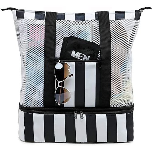 Bluboon Mesh Beach Tote Bag with Cooler Compartment Insulated Detachable Picnic Bag with Zipper and Pocket Pool Bag for Women