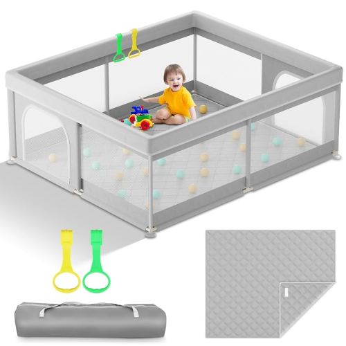 Omzer Baby Playpen with Mat 71x59inch: Large Playpen for Babies and Toddlers Indoor Safety Play Pen with Soft Breathable Mesh - All-Wrapped Sponge Sturdy Play Yard with Stable Mat Magic Sticker.