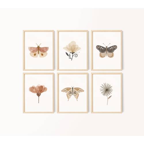 Butterfly Floral Set of 6 Nursery Art Prints, Garden Nursery Wall Art, Neutral Nursery Decor, Play Room, Girl Baby Room Ideas, 030