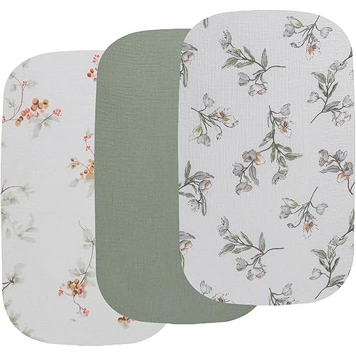Onacosht Muslin Bassinet Sheets 3 Pack, 100% Cotton Baby Fitted Sheet 33" x 19" Compatible with Mika Micky, KoolaBaby (3 in 1), BabyBond, HARPPA and RICUTON Bedside Bassinet, Green and Botanical