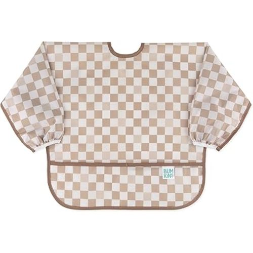 Bumkins Sleeved Bib for Girl or Boy, Baby and Toddler for 6-24 Mos, Essential Must Have for Eating, Feeding, Baby Led Weaning Supplies, Long Sleeve Mess Saving Food Catcher, Soft Fabric, Beige Check
