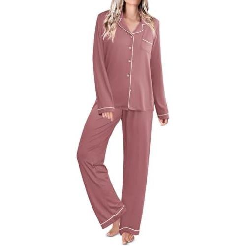 Ekouaer Pajamas for Women Button Down Pj Shirt and Pants Set Long Sleeve Lounge Set Soft 2 Piece Sleepwear S-XXL