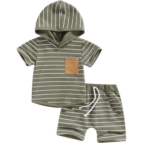 Toddler Baby Boy Summer Outfit Short Sleeve Hooded Stripes Top Casual Shorts Set Infant Newborn Clothes 6 12 18 24 Month