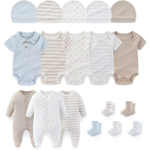 Baby Boy Girl Layette Set 18 Piece Infant Essentials Must Haves Clothes 0-12 Month Rompers+Bodysuits+Hats+Socks