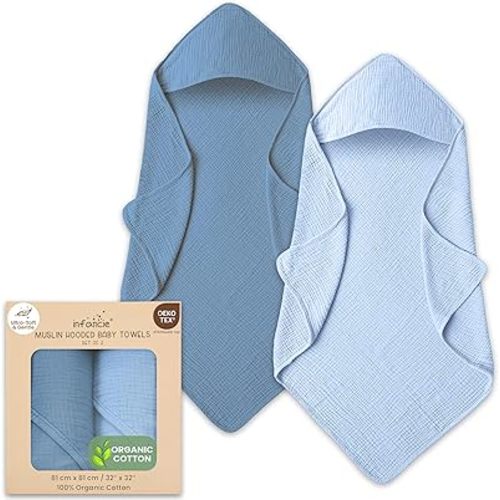 Organic Cotton Muslin Baby Hooded Towels - 32x32 Inch, 2 Pack Newborn Bath Towels for Boys & Girls, Soft & Absorbent Bath Set (Deep Blue/Aquarius)