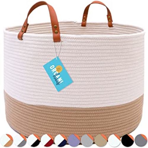 OrganiHaus White Extra Large Blanket Basket for Living Room 20x13 | Woven Baskets with Leather Handles | Cotton Rope Basket for Storage | Woven Laundry Basket | Large Storage Basket & Blanket Bin