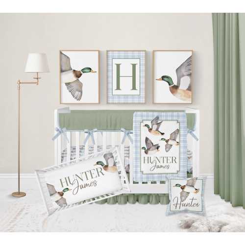Duck Hunting Crib Bedding Set for Boy, Baby Boy Bedding, Mallard Duck Nursery Decor, Mallard Duck Nursery Bedding Blue Plaid, Mini Crib Sets